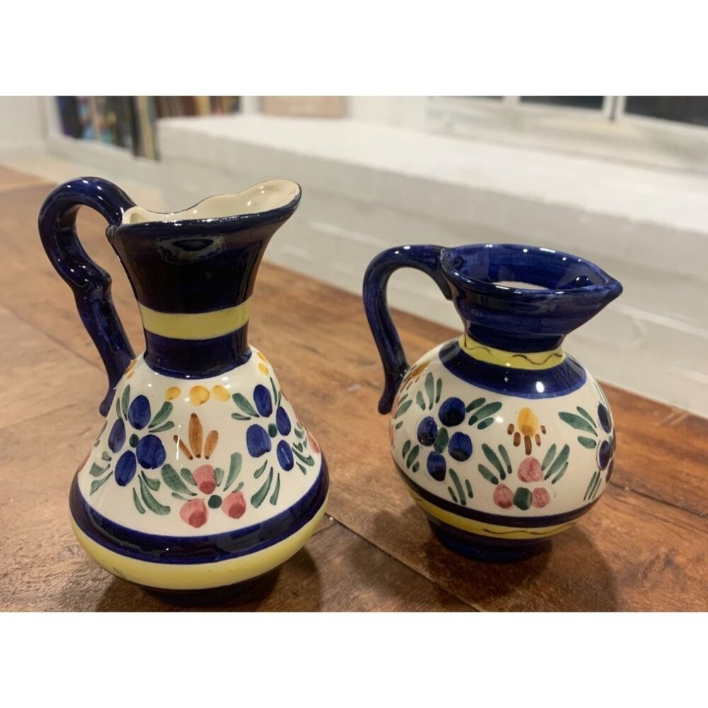 Vtg Cora Handpainted Ceramic Creamer & Sugar Bowl Set  Blue & Yellow Floral